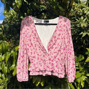 MAJORELLE mauve pink floral print twist front puff long sleeve blouse